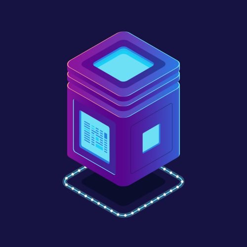 Cool neon server, processing unit, cloud storage database, isometric vector information warehouse, digital technology
